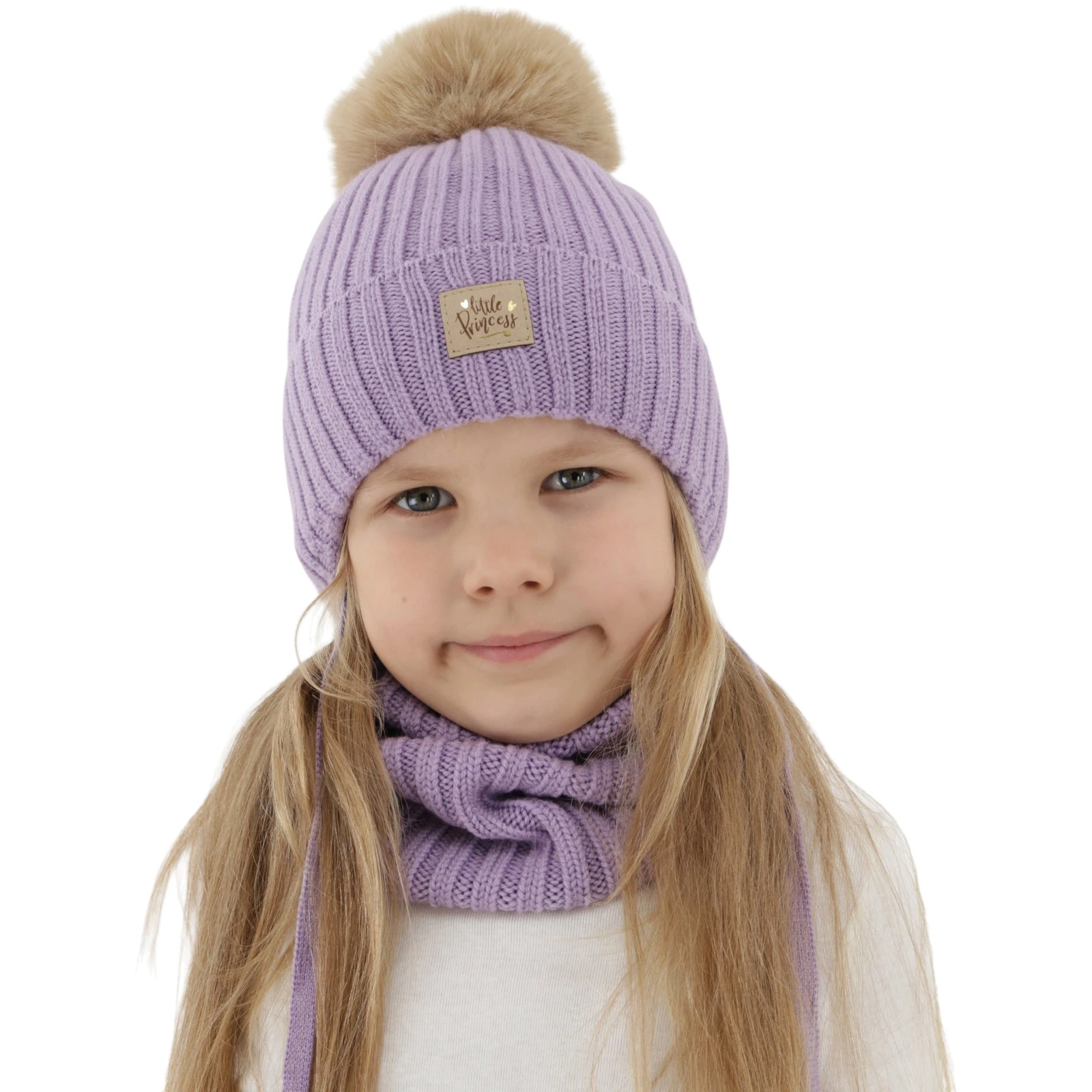 Czapka i komin dla dziewczynki, zimowy komplet, fioletowy, 100% wełniany merino, wiązany, podszyty bawełną, Malesia