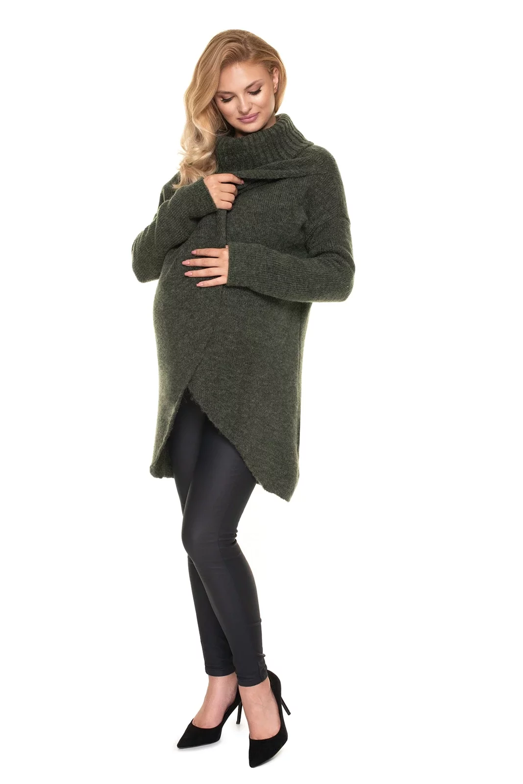 PUCHATY CIĄŻOWY SWETER GOLF DO KARMIENIA KHAKI