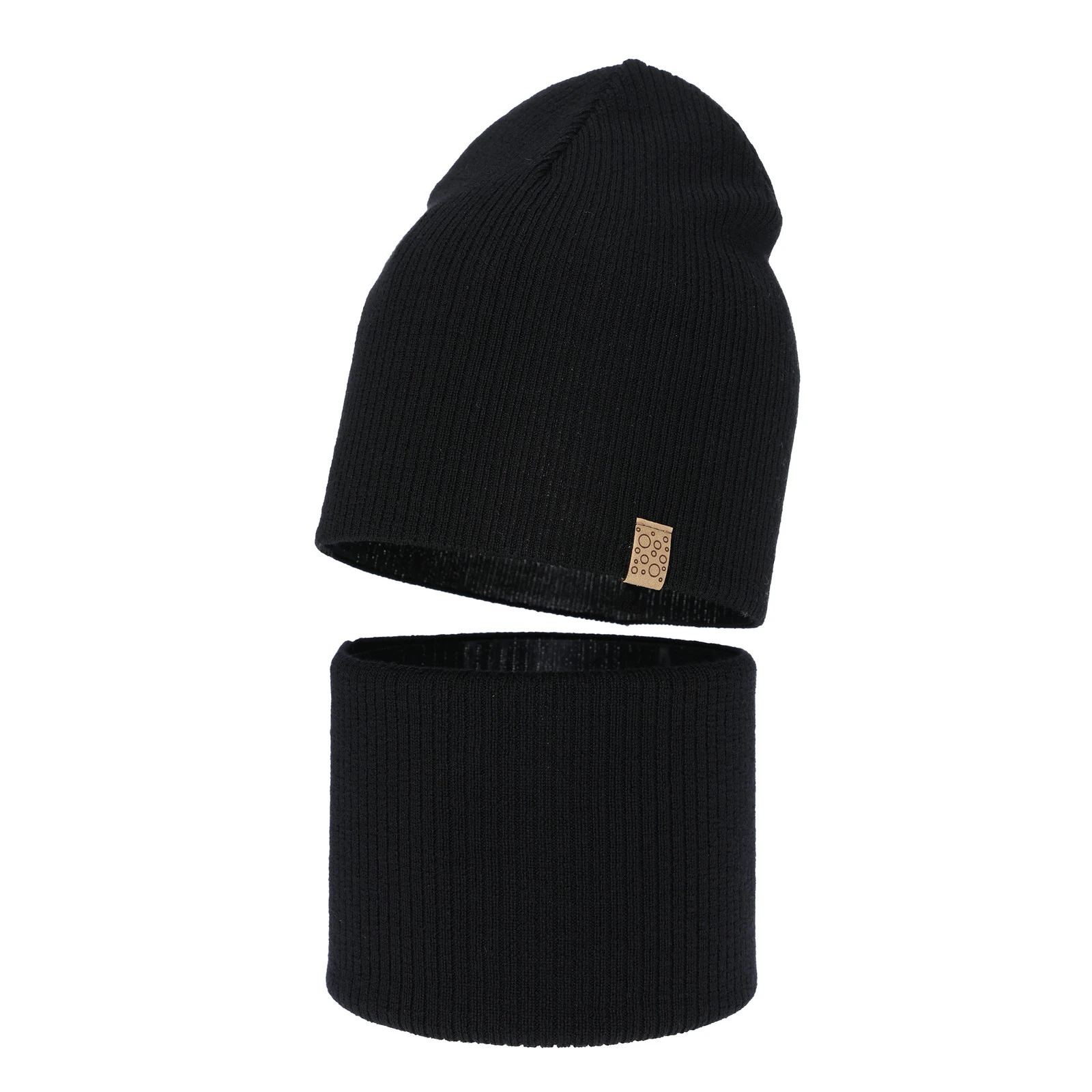 Czapka i komin dla dziewczynki jesienny, wiosenny komplet, czarny, 100% wełniany merino Ricona