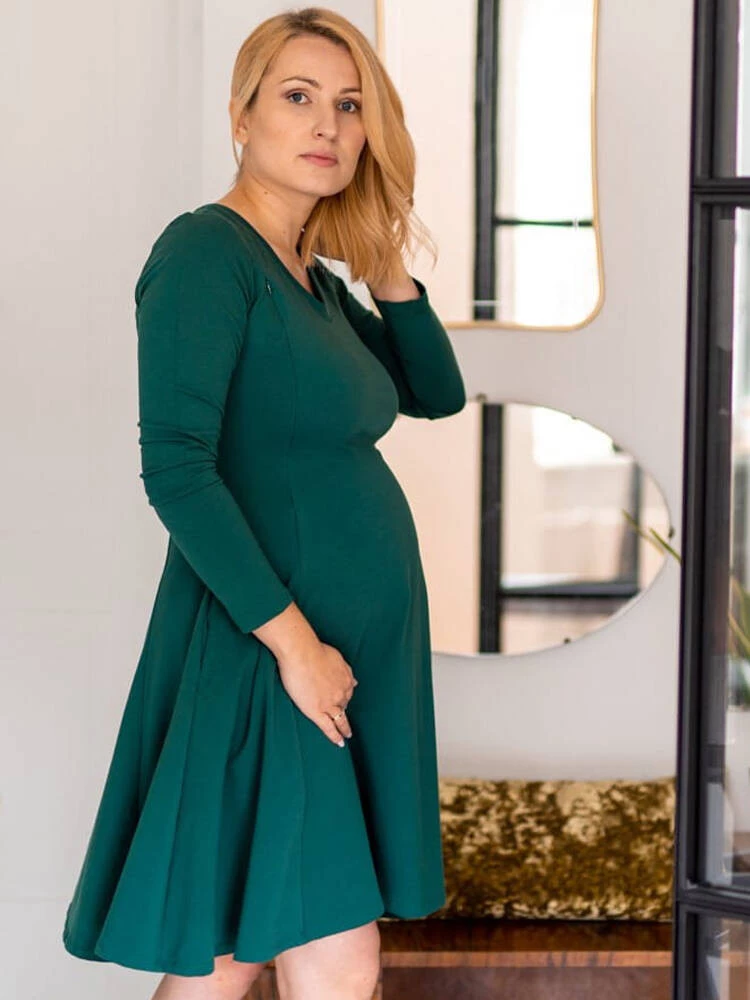 Sukienka Mama butelkowa zieleń długi rękaw