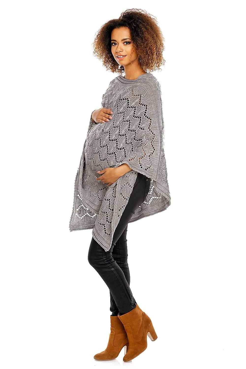 ELEGANCKIE AŻUROWE PONCHO CIEPLUTKIE JASNY SZARY
