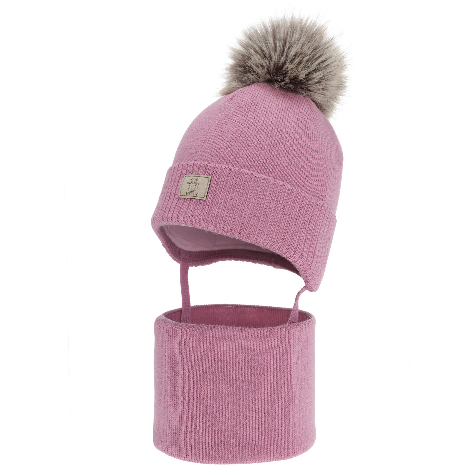 Czapka i komin dla dziewczynki zimowy komplet, wrzosowy, 100% wełniany merino, podszyty bawełną, Senira