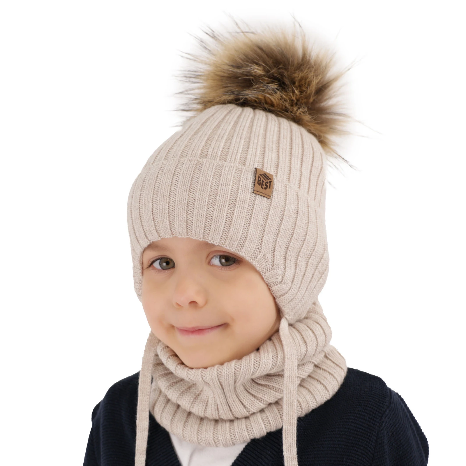 Czapka i komin dla chłopca zimowy komplet, granatowy, 100% wełniany merino, z pomponem Juno
