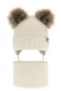 Czapka i komin dla dziewczynki zimowy komplet, kremowy, 100% wełniana merino, wiązany, z dwoma pomponami Silvia