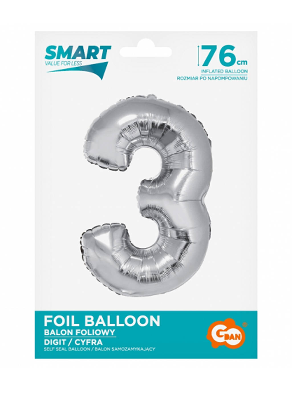 Srebrny Balon Smart cyfra "3" -76cm